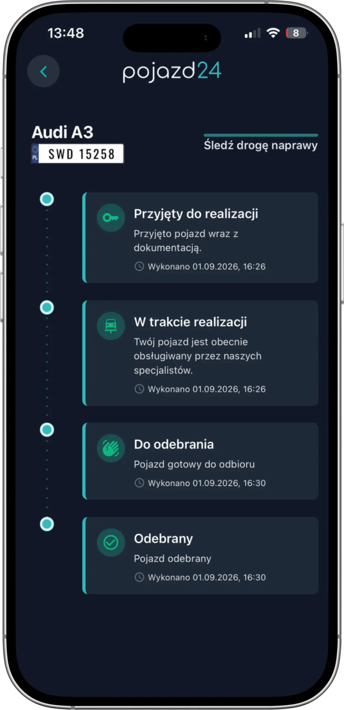 Podgląd aplikacji Pojazd24 - Status naprawy